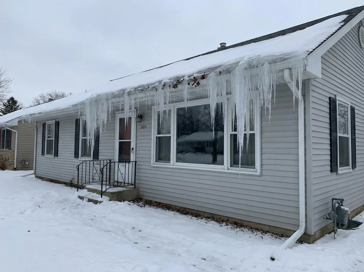 Ice Dam Prevention — icicles hanging from clogged frozen gutters
