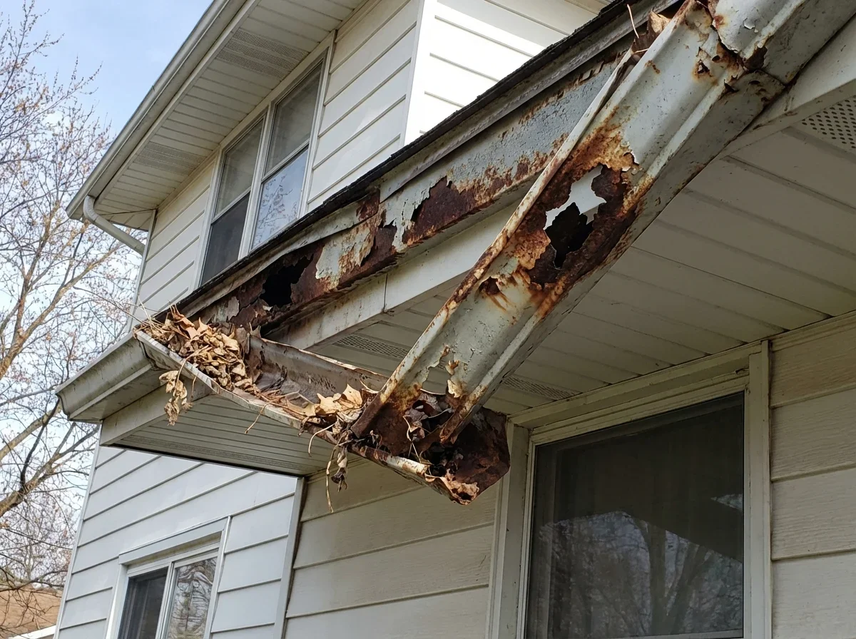 Gutter Maintenance Plans — rusted and corroded metal gutters with holes