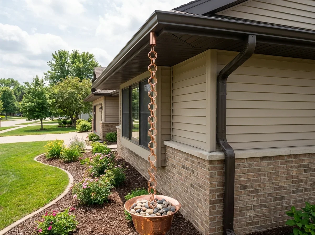 Elegant rain chains expertly installed, diverting water with functional beauty