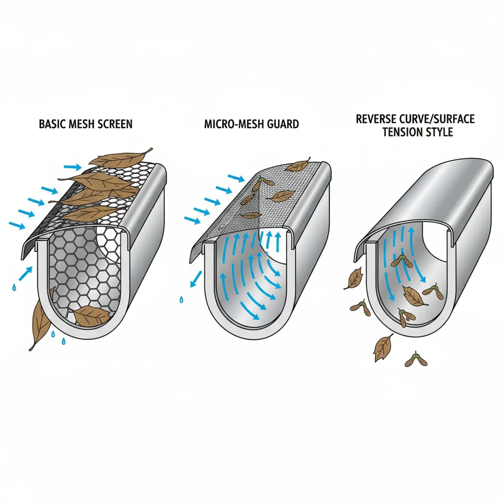 Gutter guard types comparison — basic mesh screen, micro-mesh, and reverse curve cross-section diagrams