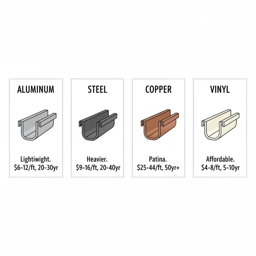 Gutter material comparison — aluminum, steel, copper, and vinyl cross-section profile samples with pricing and lifespan