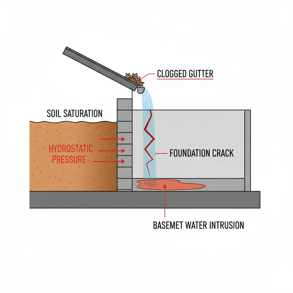 Cross-section diagram showing water overflow path from clogged gutter to soil saturation to foundation crack to basement flooding